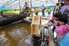 在稻米梦想展览区，儿童体验水车灌溉米饭。